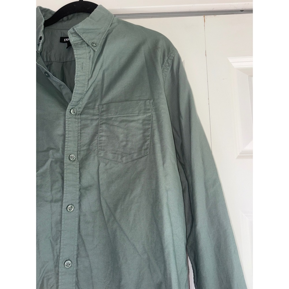 Express Mens Long Sleeve Button Down Shirt Sage Green Olive Cotton Twill Medium - Picture 3 of 4